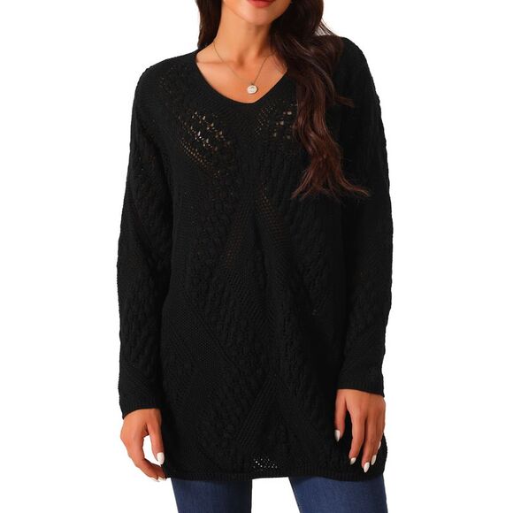 V Neck Long Sleeve Hollow Cable Knit Loose Casual Pullover Sweaters Black - Picture 1 of 5